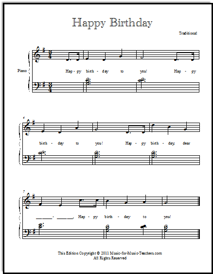 Sheet music for Happy Birthday with little chords