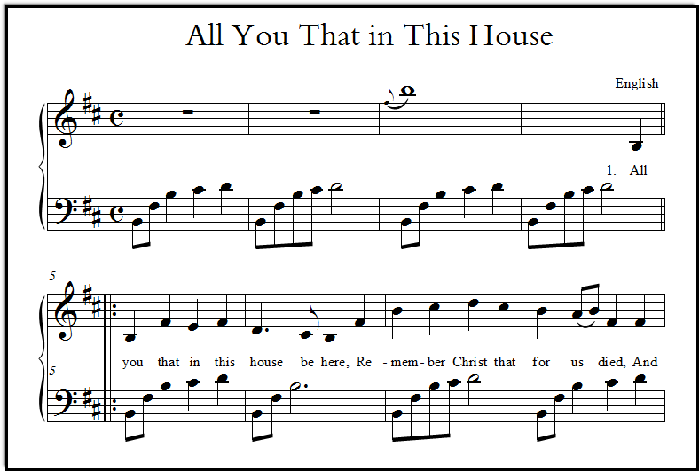 A closeup view of page one of the Christmas song "All You That in This House"