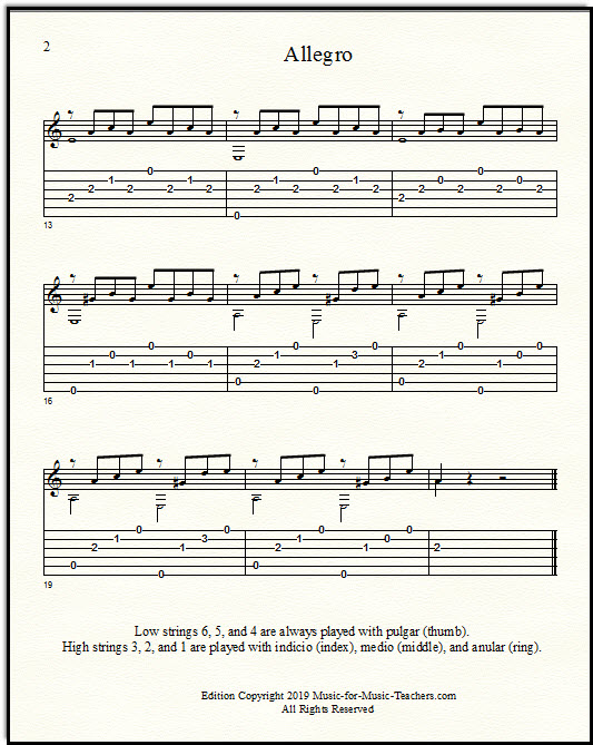 "Allegro" by Giuliani from "Le Papillon" for classical guitar, page 2.  With guitar tabs.