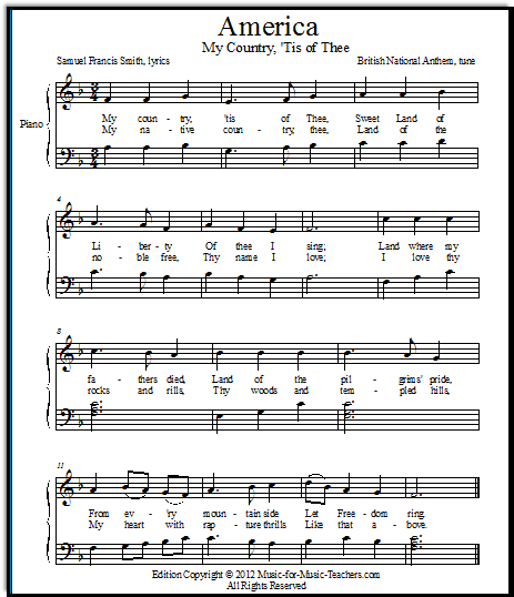 my country tis of thee sheet music for piano