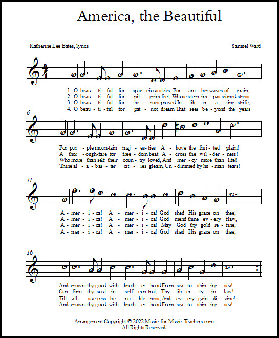 Lettered notes in the song America the Beautiful
