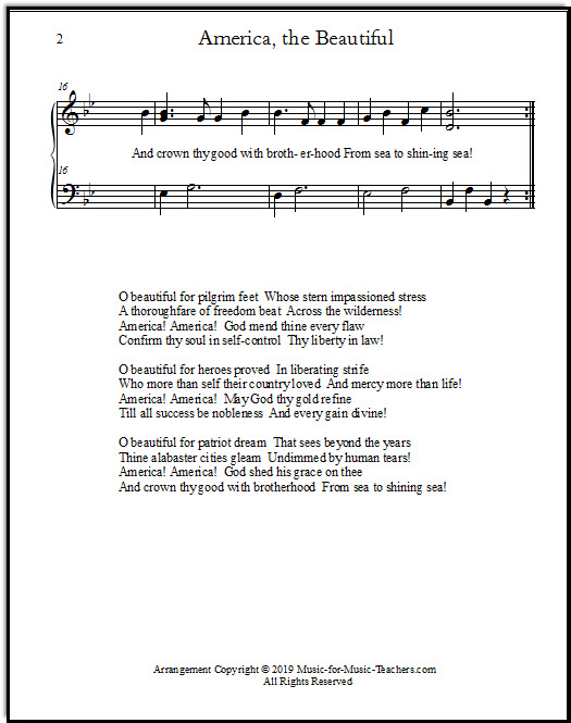 Page two of an easy piano version of O Beautiful for spacious skies