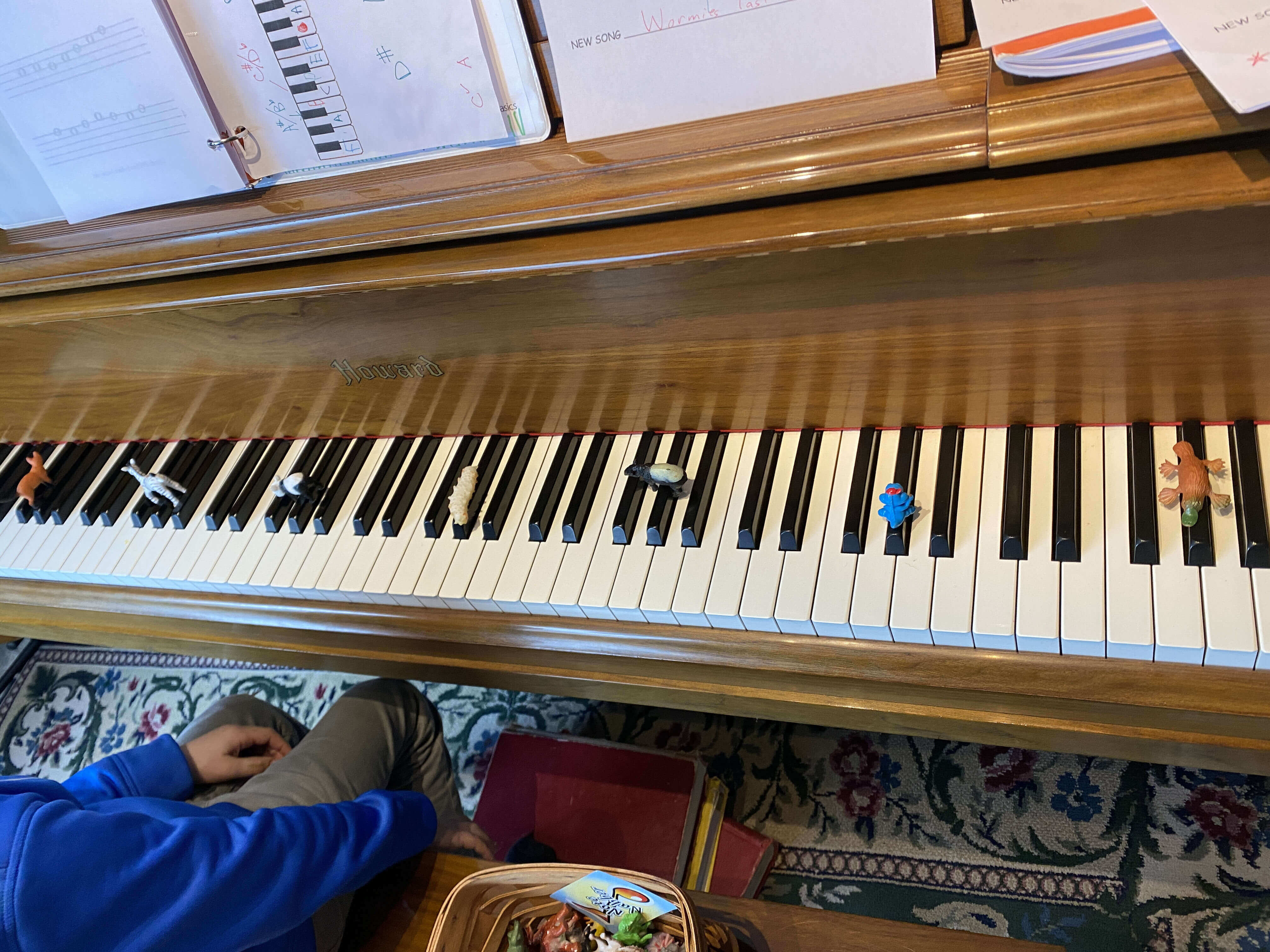 Piano keyboard with plastic animals placed on black keys