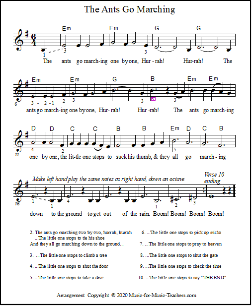 Ants Go Marching lead sheet for piano in the key of Em