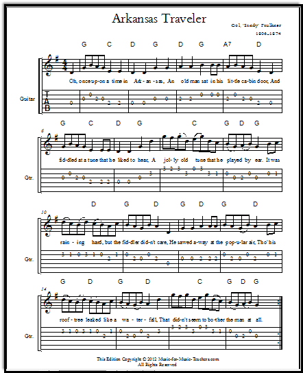 Arkansas Traveler for flat-picking guitar, with standard notation and tabs