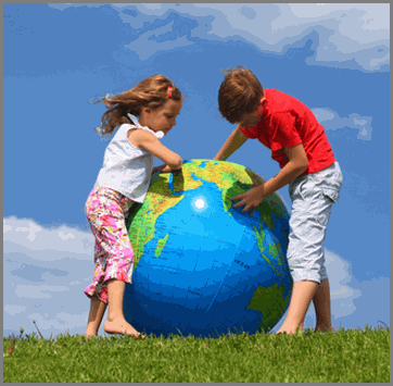 Children playing with a large globe