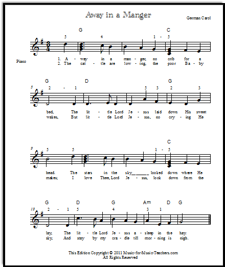 lyrics for Away in a Manger, Music-for-Music-Teachers.com