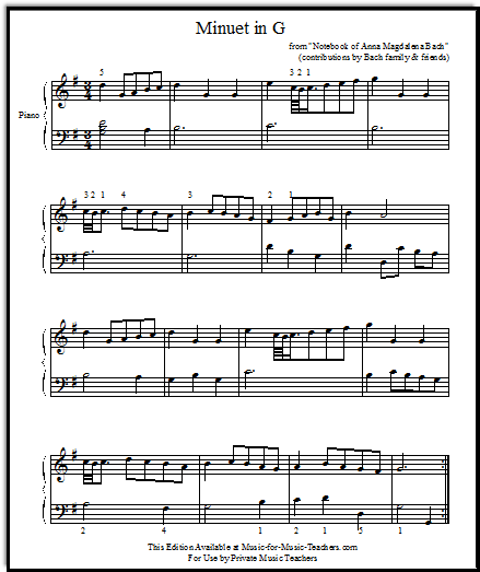Notebook for Anna Magdalena Bach, Minuet in G, the standard arrangement