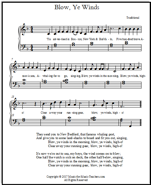 Blow Ye Winds, a sailing song from early America, for piano