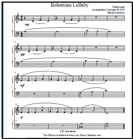 Free beginner piano sheet music "Bohemian Lullaby"