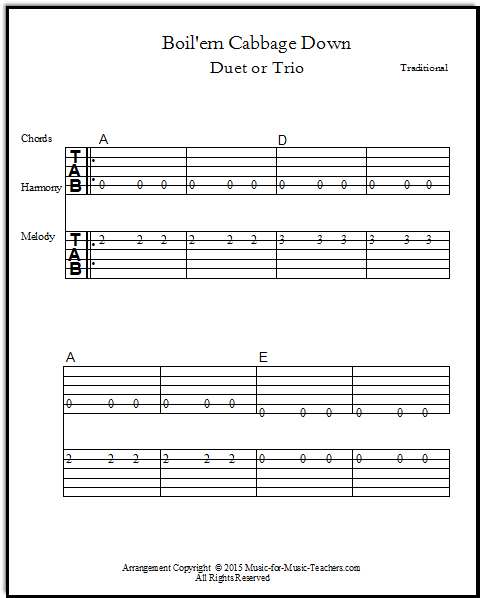 Duet with open string harmony part for Boilem' Cabbage Down, for beginner guitars