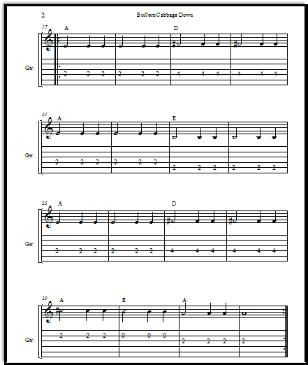 Guitar tabs and staff for Boil'em Cabbage Down