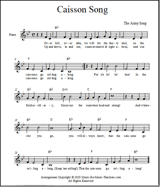Sheet music for the Army Theme Song "The Caissons Go Rolling Along" lead sheet