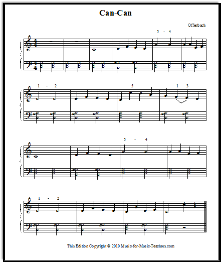 Printable sheet music for piano students Can-Can, with half-note chords in the left hand.