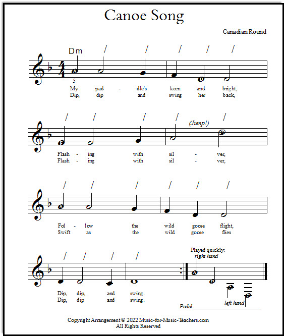 Simple Piano Sheet Music Canoe Song An Easy Round From Canada