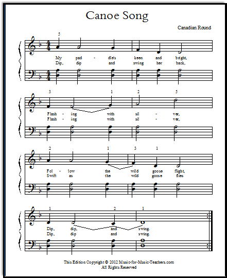 Simple Piano Sheet Music "Canoe Song", a Canadian Round, FREE!