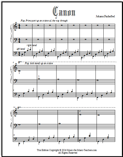 Duet arrangement of the Pachelbel's Canon.  The Primo is extremely easy whole notes, and the Secondo is broken chords shared between the two hands.