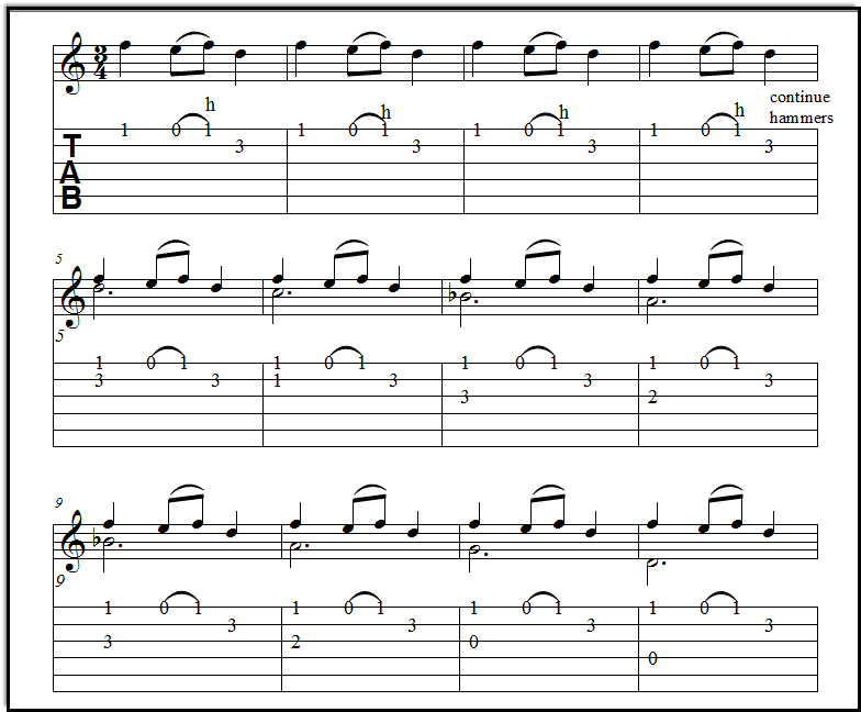 Closeup of guitar music "Carol of the Bells" guitar tab, showing hammer-ons and other details.  Both tablature and standard notation are used in this music.