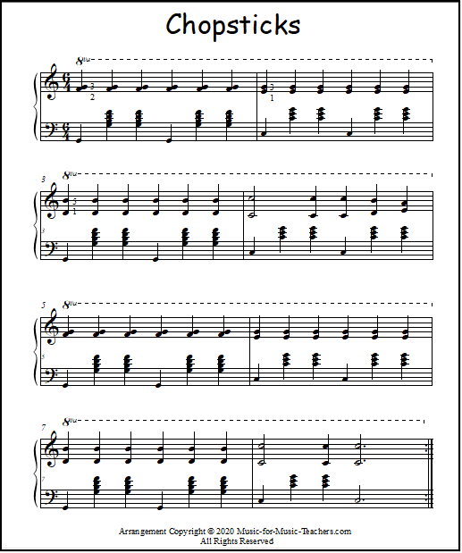 Chopsticks solo for piano, with G7 and C root position chords