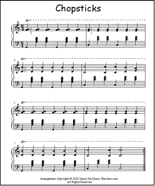 Chopsticks solo para piano, com G7 E C root position chords