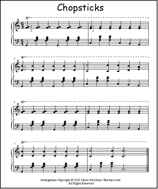 Chopsticks music for piano, with a walking bass