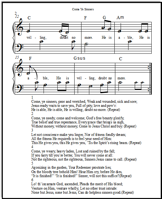Come, Ye Sinners with letters in the music notes, for beginning piano students