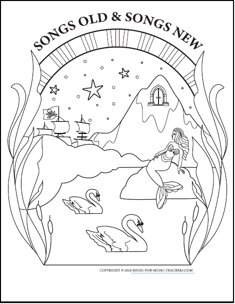 The free coloring page of the cover of Songs Old & Songs New, a piano book for beginners