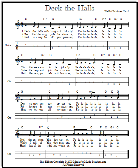 Guitar tabs for Deck the Halls free Christmas song in the key of C