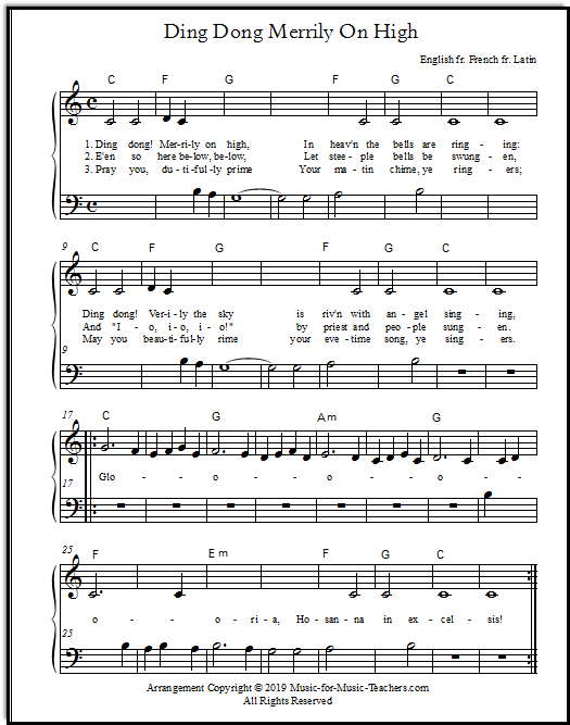 Ding Dong Merrily On High for piano,  Middle C position, for beginning note readers