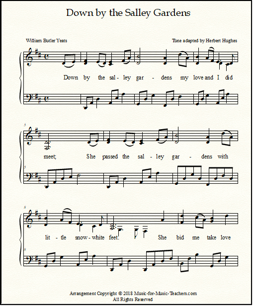 Piano accompaniment and lyrics for Down by the Salley Gardens