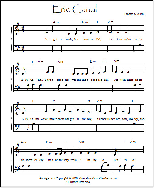 Erie Canal sheet music for piano, Middle C arrangement