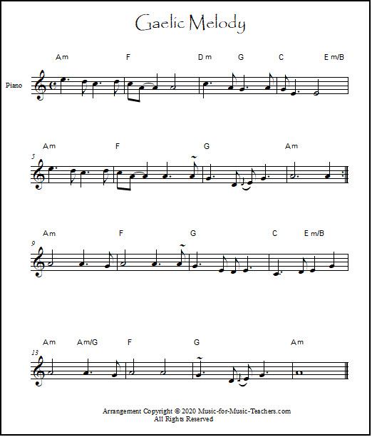 A lead sheet for Gaelic Melody, a beautiful piano piece.  Melody plus chords.