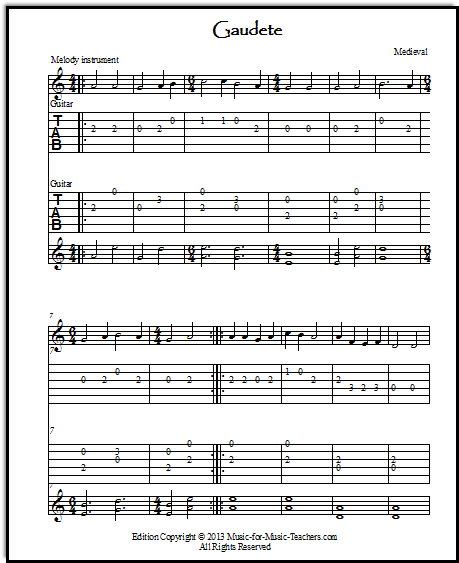 Free Christmas Vocal Sheet Music Gaudete, Piano and Guitar Tabs