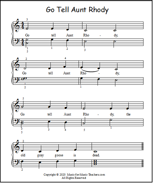 Advancing beginner arrangement of Go Tell Aunt Rhody piano music