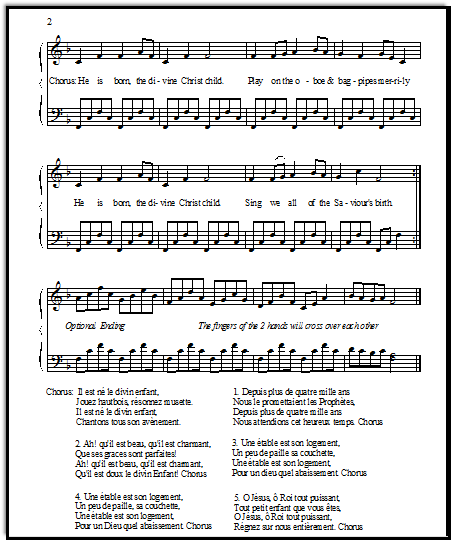Easy piano music for French Christmas carol "Il est ne" with broken chords in left hand part