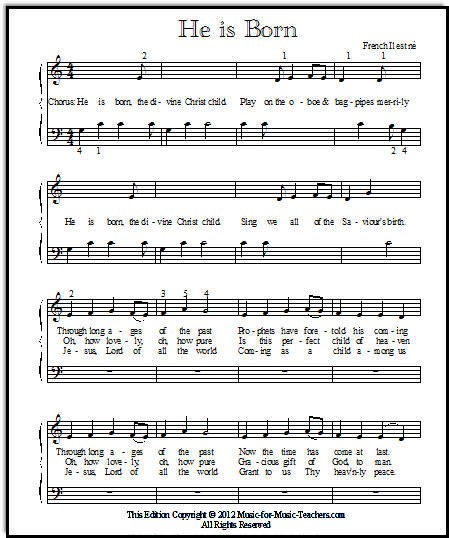 Free Christmas songs He is Born (Il est ne) in Middle C position for young piano players.  This can become a duet.