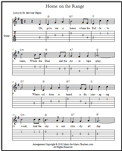 Home on the Range guitar chords and tabs in the key of G with fancy chords; primary and secondary chords.