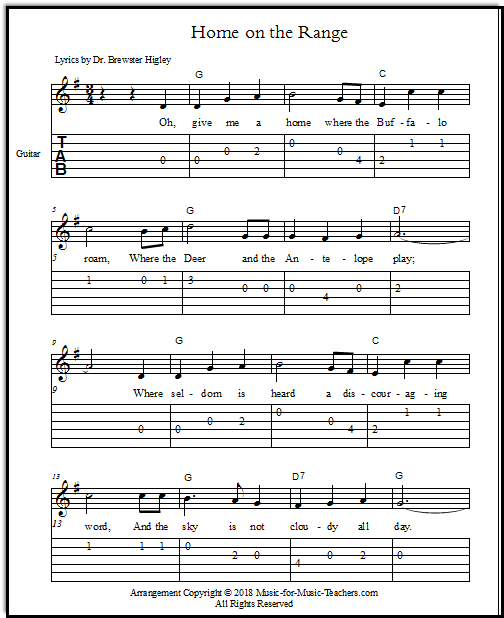 Home on the Range with standard notation melody line, plus guitar tablature for the melody.  Chord symbols for guitar: in the key of G.
