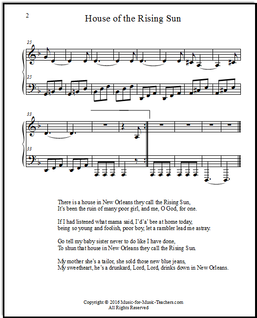 House Of The Rising Sun Chords Lyrics Free Sheet Music