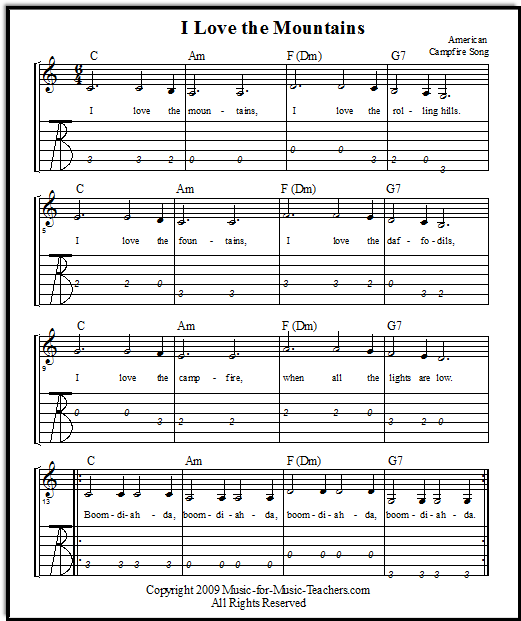 Easy Guitar Tabs and Chords for I Love the Mountains