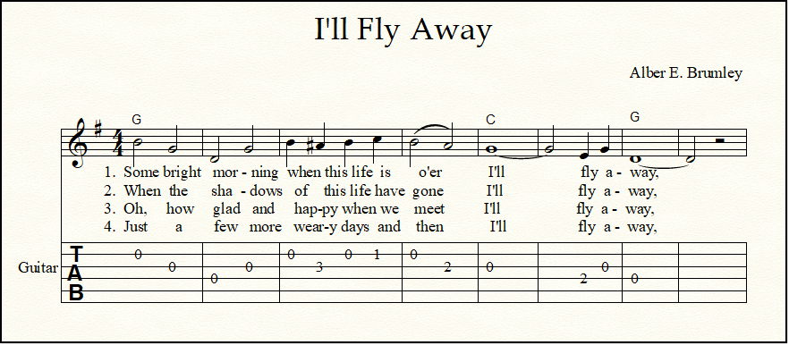 I'll Fly Away free fiddle sheet music, with an easy lettered version f...