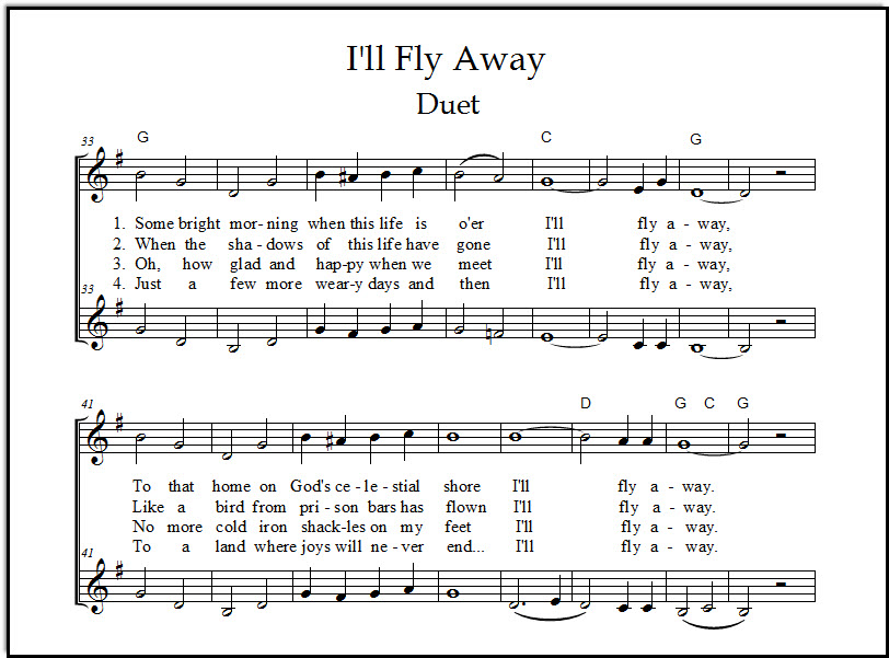 "I'll Fly Away" for Lead Sheet & Duet, Guitar Tabs, & Piano