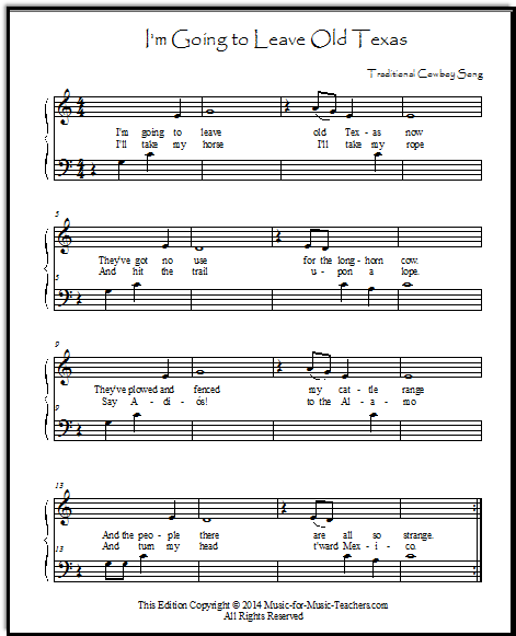 The Cowboy's Lament, or I'm Going to Leave Old Texas Now.  Easy beginner version for piano, FREE!