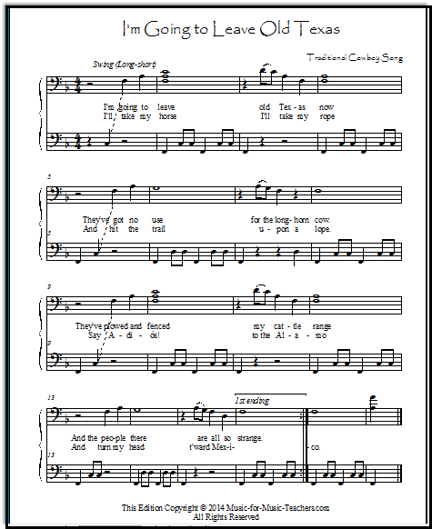 Texas Cowboy's Song, all in bass clef for piano