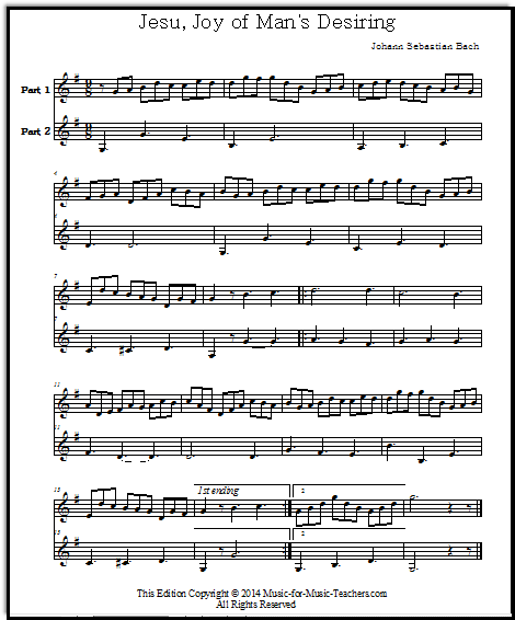 Jesu, Joy of Man's Desiring for Violin or Instrumental duet, Key of G