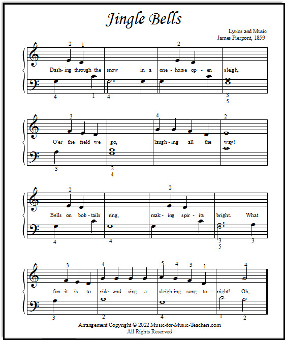 Jingle Bells Free! Kids Sheet Music, Intermediate and Elementary