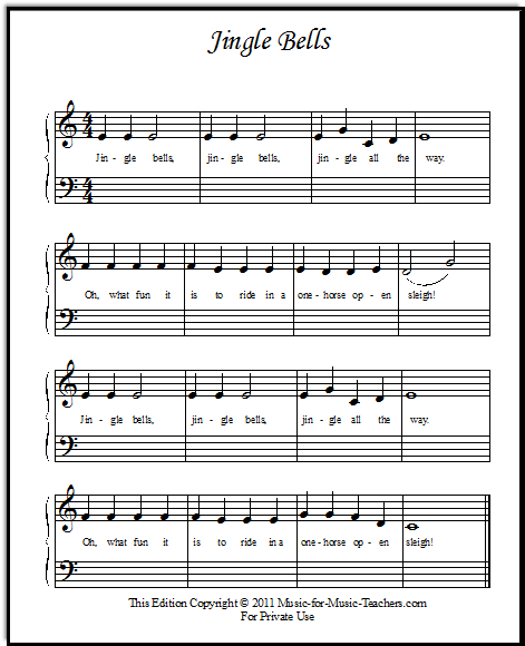 Jingle Bells sheet music for beginner piano with a single melody line for right hand and nothing written in the left hand staff