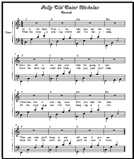 Duet Jolly Old Saint Nicholas for piano, a secondo part with broken chord patterns.
