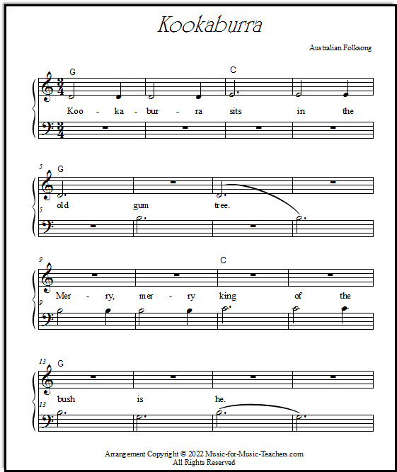 Kookaburra piano music for beginners