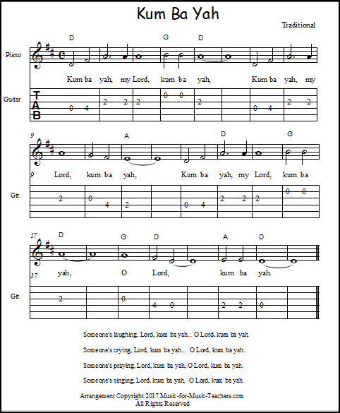 Guitar tabs and chords for Kum Ba Yah